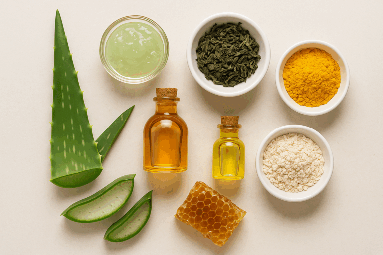 Flat lay of 7 natural skincare ingredients — aloe vera, rosehip oil, green tea, turmeric, jojoba oil, oats, and raw honey — on a soft neutral background.