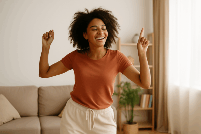 A joyful African American woman dancing in a sunlit living room, embracing the freedom of movement and happiness.