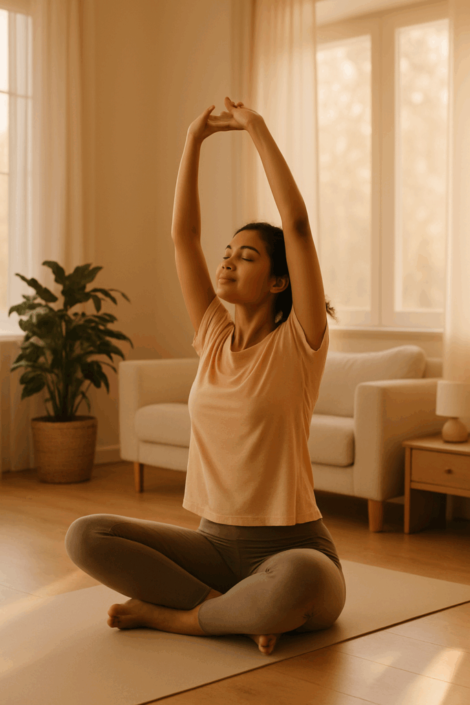 Woman stretching in a calming morning scene to support her consistent workout routine.