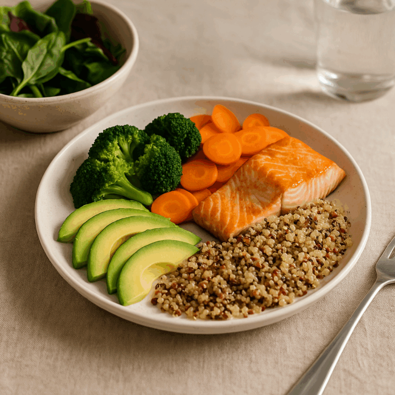 A colorful, balanced plate with salmon, quinoa, avocado, carrots, and broccoli — styled naturally with soft light on a linen tablecloth.