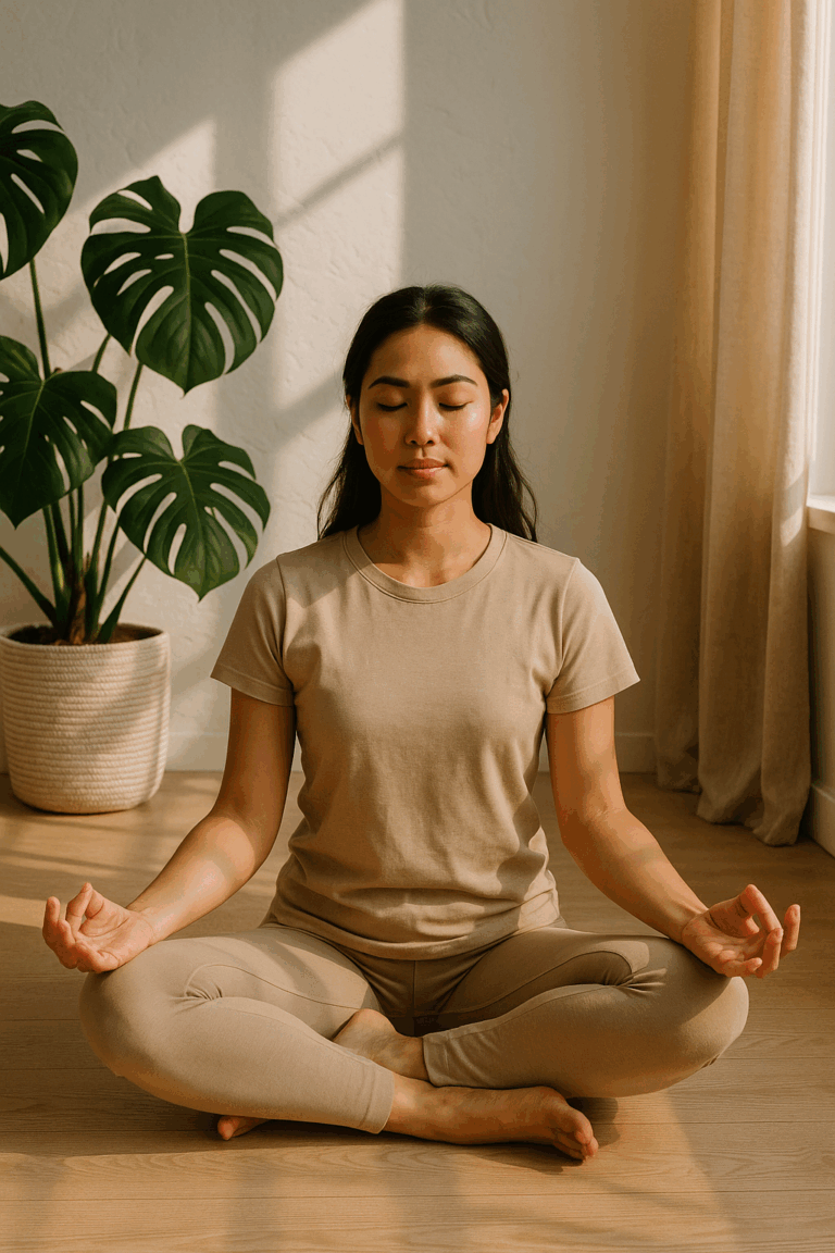 Young Asian woman meditating in soft natural light on a wooden floor, surrounded by greenery and earthy textures — symbolizing daily holistic rituals for balance and wellness.