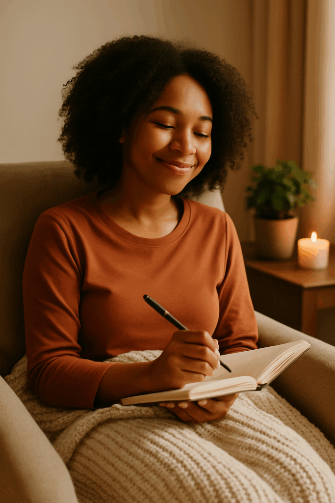 Woman journaling calmly in a cozy armchair, eyes closed and smiling, in soft natural light — a gentle moment of mental peace and reflection.