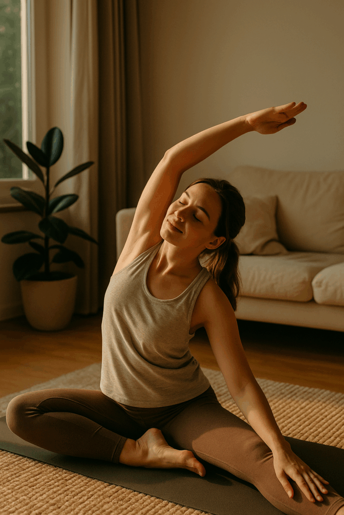 Woman doing gentle morning yoga on a mat in sunlit room, smiling with eyes closed — symbolizing mind-body connection and emotional wellness.