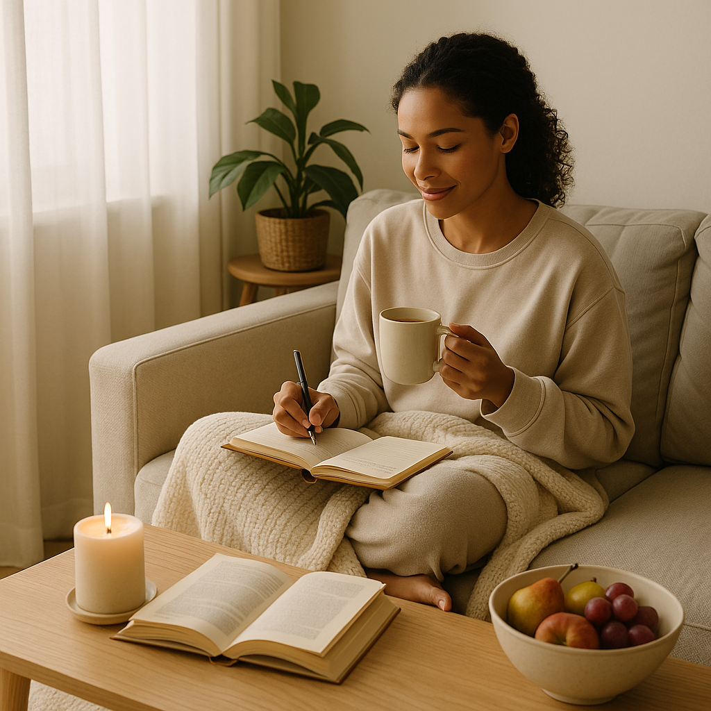Woman journaling with a mug in hand, wrapped in a blanket on a cozy sofa with candlelight, fruit, and books — a peaceful self-care Sunday routine.