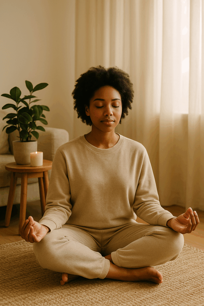 Young woman meditating cross-legged on a beige rug in a sunlit room, eyes closed in peace, surrounded by soft natural tones and a candlelit corner.