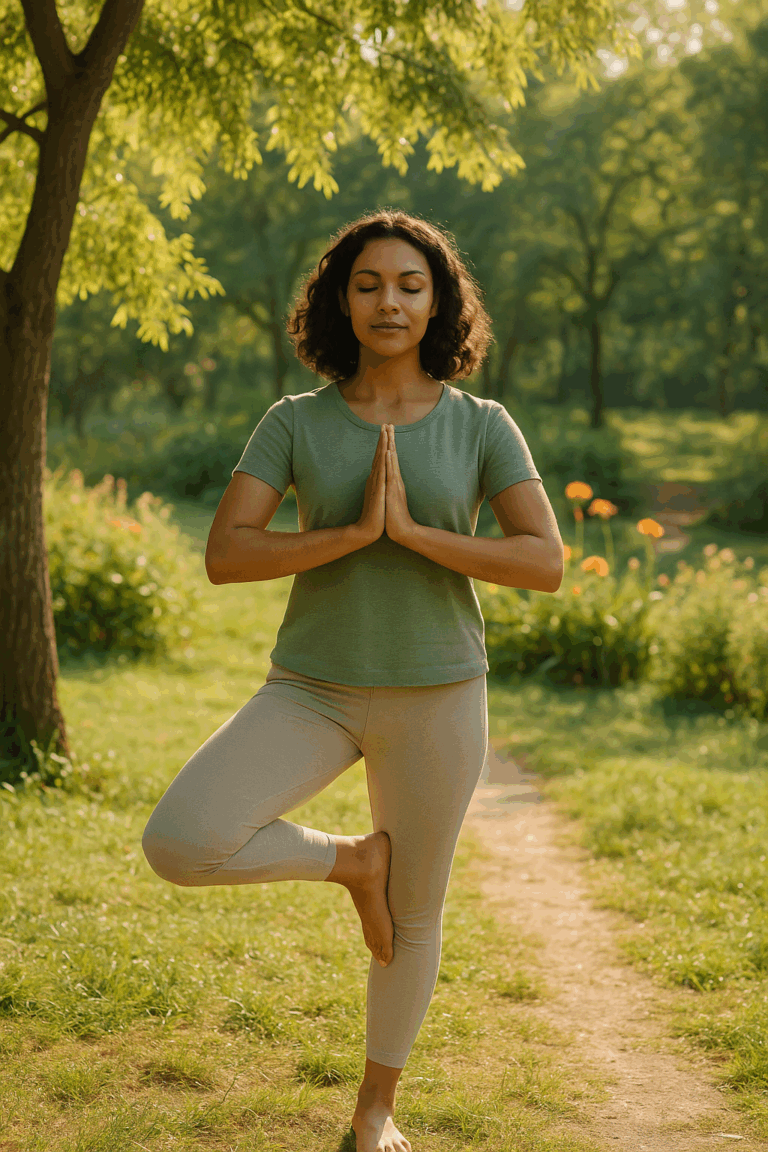 Woman practicing yoga in a sunlit park, standing in tree pose with eyes closed, surrounded by greenery and flowers — symbolizing calm and weekend renewal.