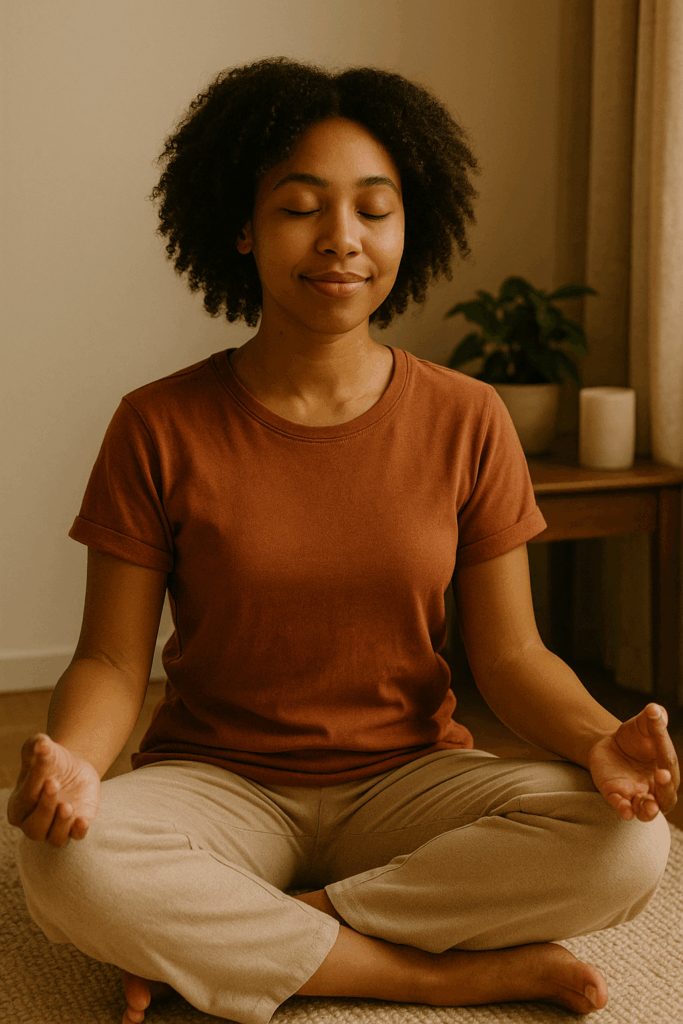 Woman meditating peacefully in a sunlit room, eyes closed, sitting cross-legged on a soft rug — symbolizing calm, consistency, and gentle wellness.