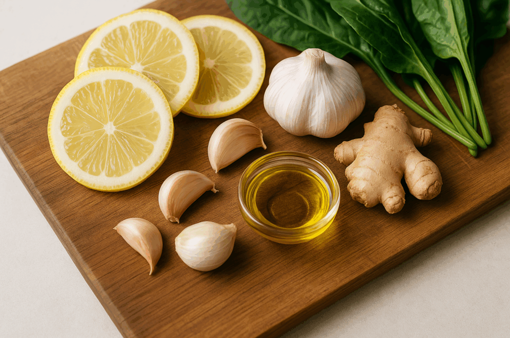 Close-up of lemon slices, garlic, ginger, olive oil, and greens on a wooden board — natural superfoods for weekly healthy eating