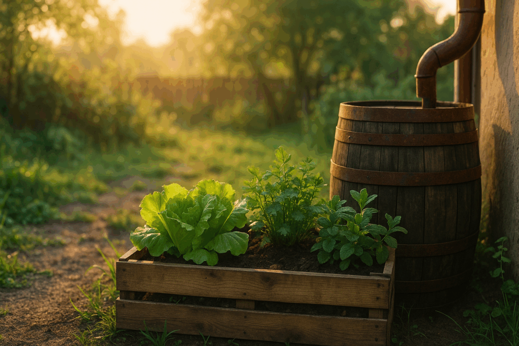 Sunlit pallet planter with fresh lettuce and herbs beside a rustic rain barrel in a budget-friendly backyard permaculture garden