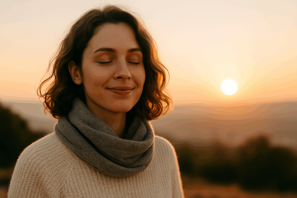 A woman practicing mindful habits outdoors, reflecting personal growth and motivation.