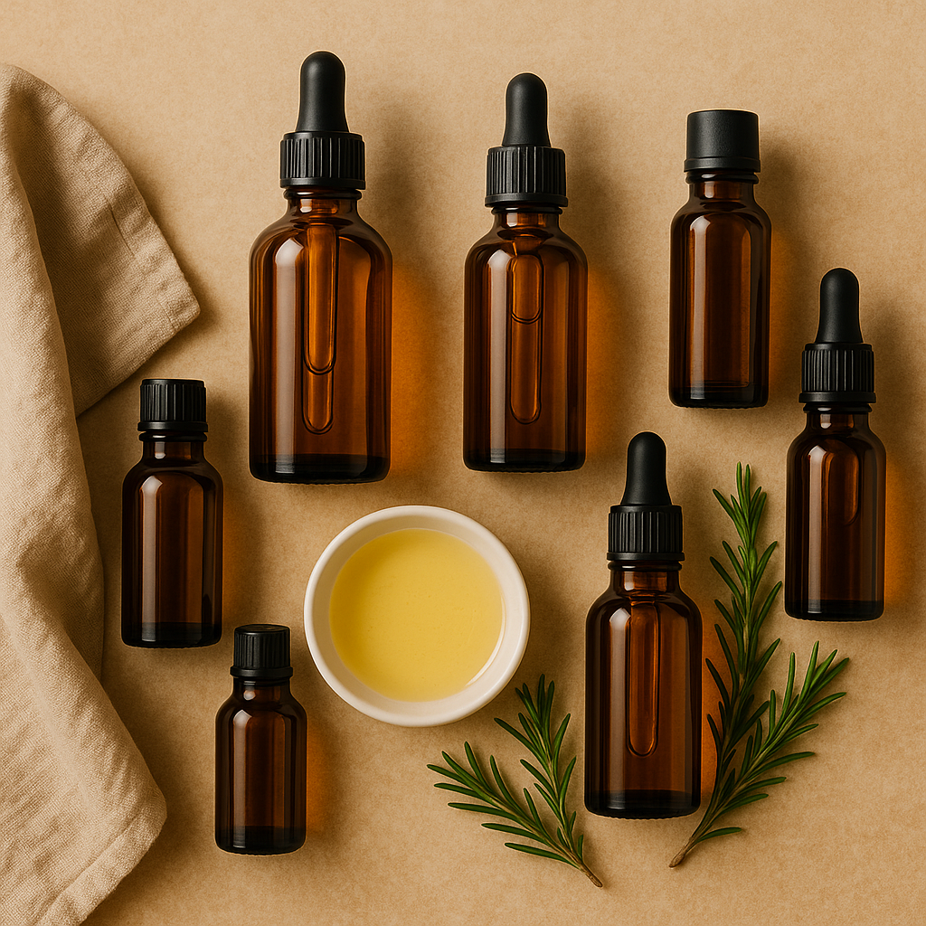 Amber glass bottles with natural oils and green herbs on a soft beige cloth – natural skincare for acne scars
