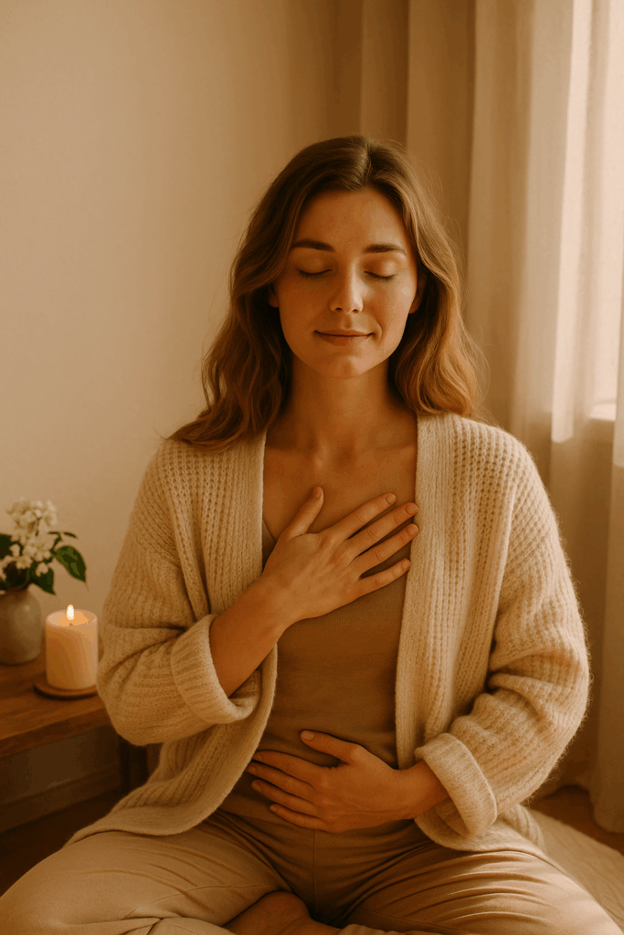 A young woman practicing self-care, sitting peacefully with her eyes closed, hands on heart and belly, in a softly lit room with a candle and flowers beside her.