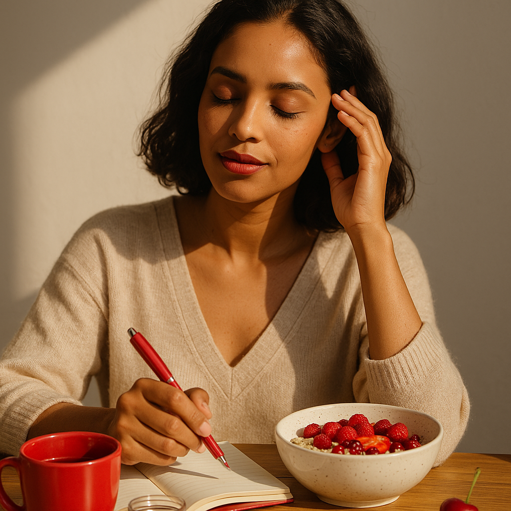 A young woman enjoying a cherry-coded morning ritual with a red fruit bowl, practicing self-love and mindful eating for glowing skin.