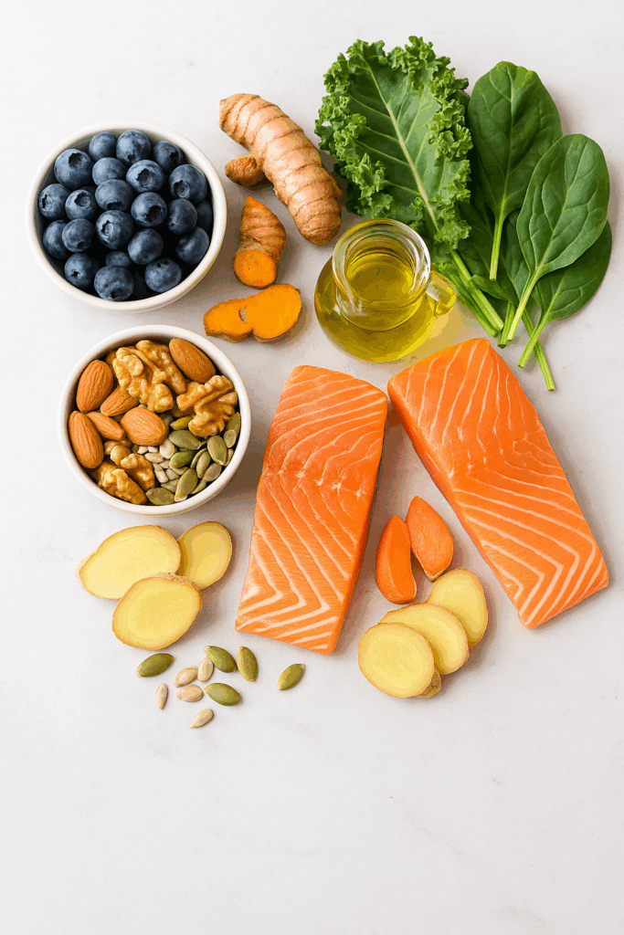 Fresh anti-inflammatory foods including blueberries, turmeric, salmon, leafy greens, nuts, ginger, and olive oil.