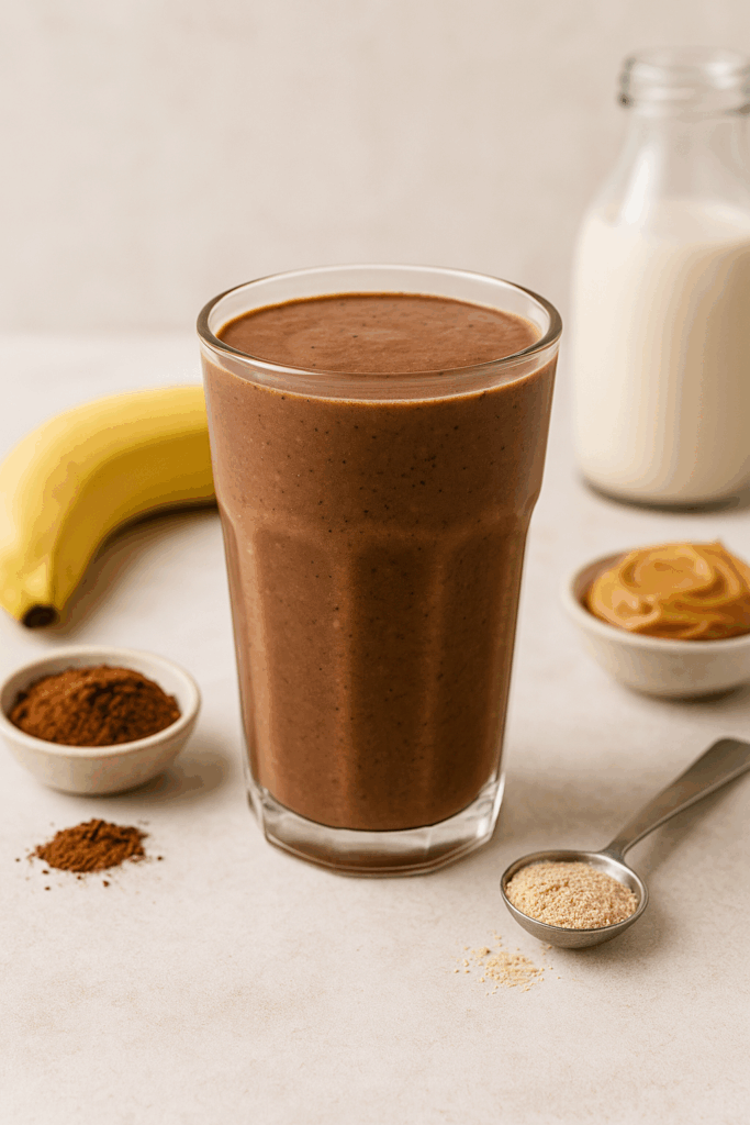 Chocolate gut health smoothie made with cacao, banana, flaxseed, and peanut butter — rich, fiber-filled blend for digestion and mood support.