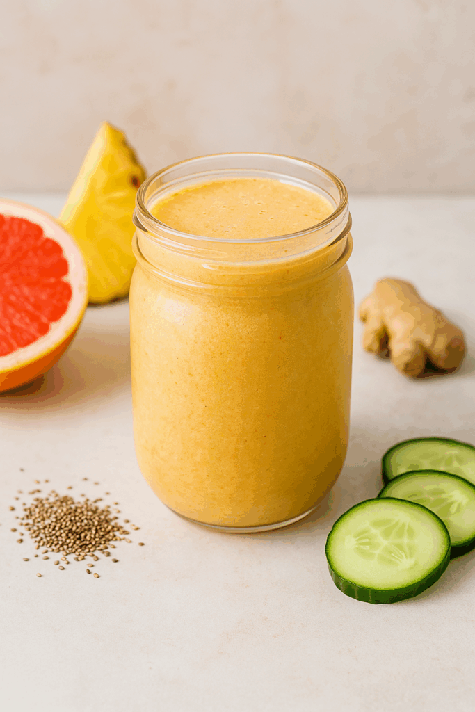 Bright gut health smoothie with grapefruit, pineapple, cucumber, ginger, and chia seeds — energizing and cleansing blend for morning digestion.