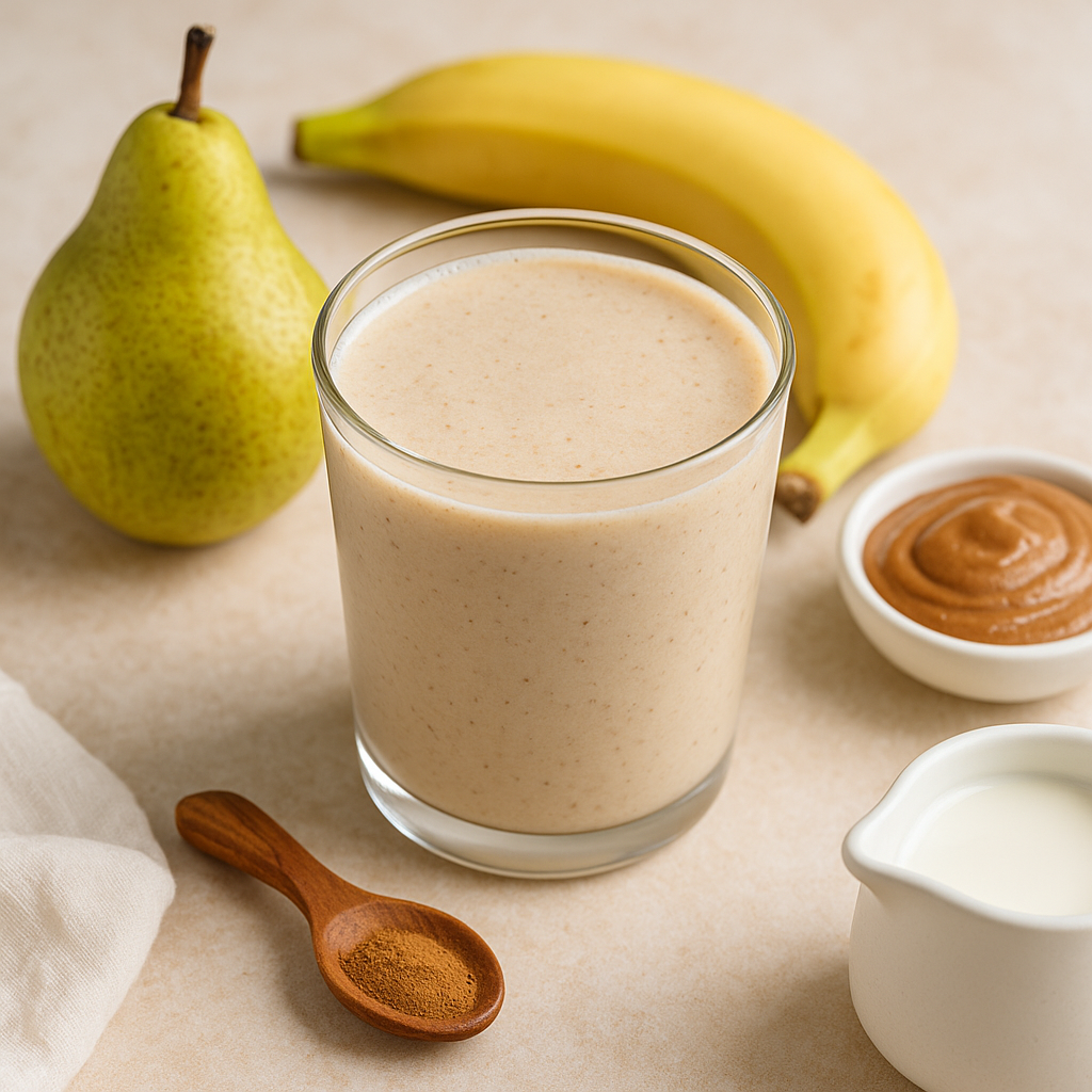 Creamy gut health smoothie with pear, banana, almond butter, cinnamon, and chamomile tea — calming and gentle for sensitive digestion.
