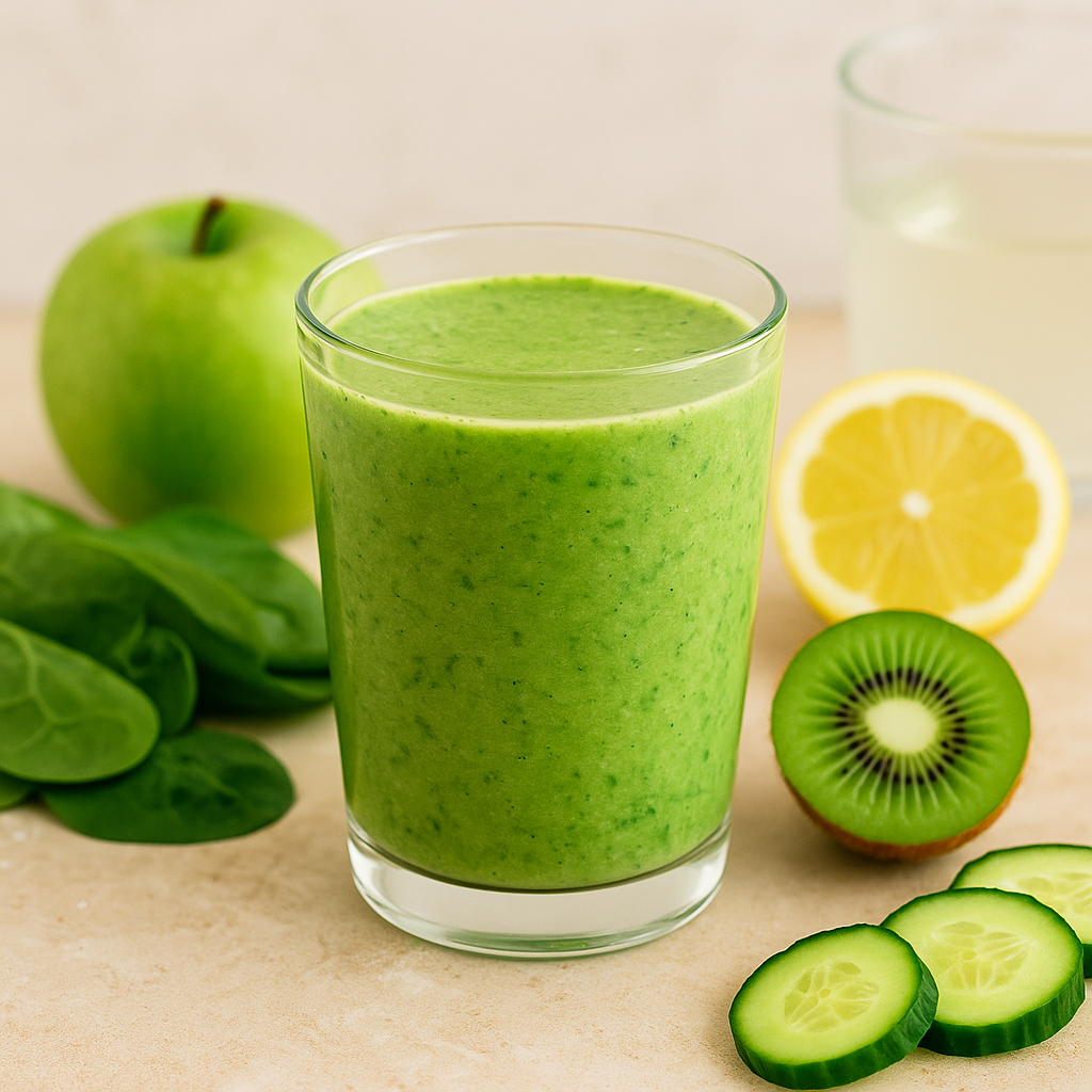 Green gut health smoothie made with spinach, kiwi, green apple, cucumber, lemon, and coconut water — vibrant, hydrating, and soothing.