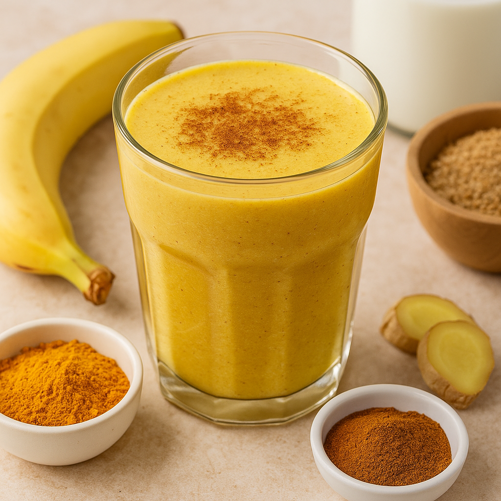 “Golden gut health smoothie with turmeric, banana, ginger, cinnamon, and flaxseed — served in a glass to reduce inflammation and support digestion.