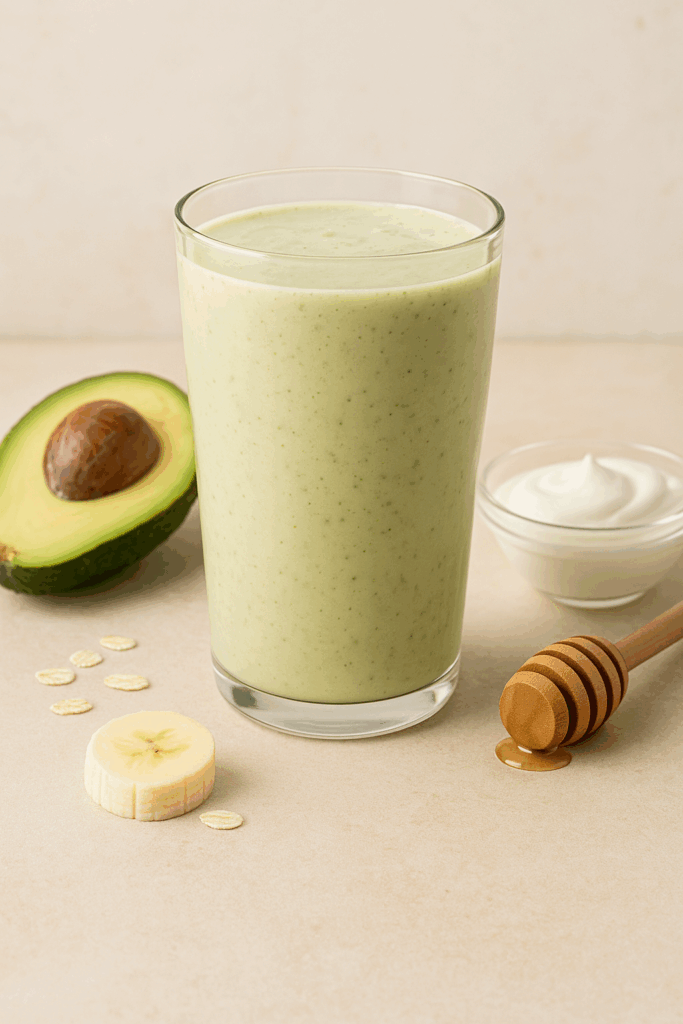 Creamy gut health smoothie made with banana, oats, avocado, kefir, honey, and oat milk — nourishing prebiotic blend for digestive support.