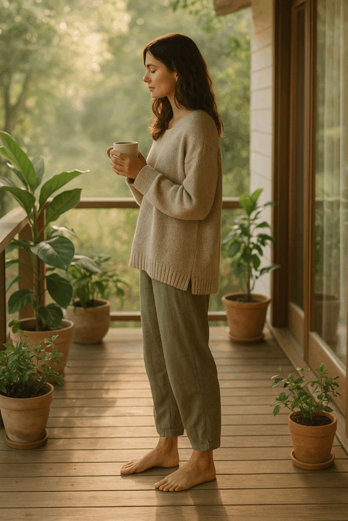 A barefoot woman holding a reusable mug, standing in soft morning light on a wooden porch surrounded by potted plants — a peaceful eco-living scene.