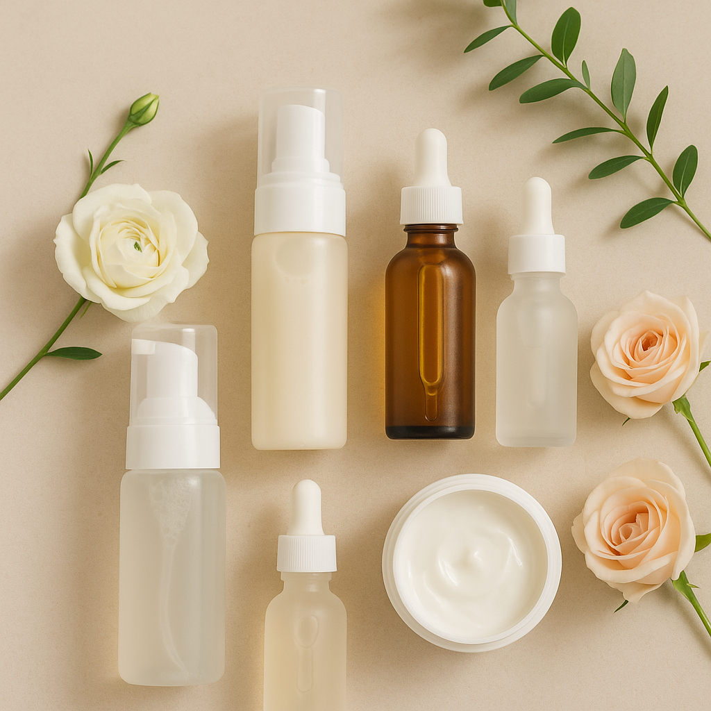 A calm, soothing flatlay of affordable skincare products with fresh flowers and soft lighting — perfect for a budget glass skin routine