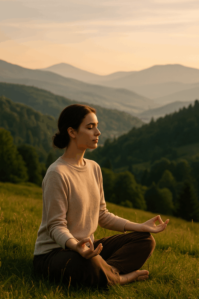 A peaceful outdoor meditation scene during golden hour — nature-inspired moment of calm for daily mindfulness