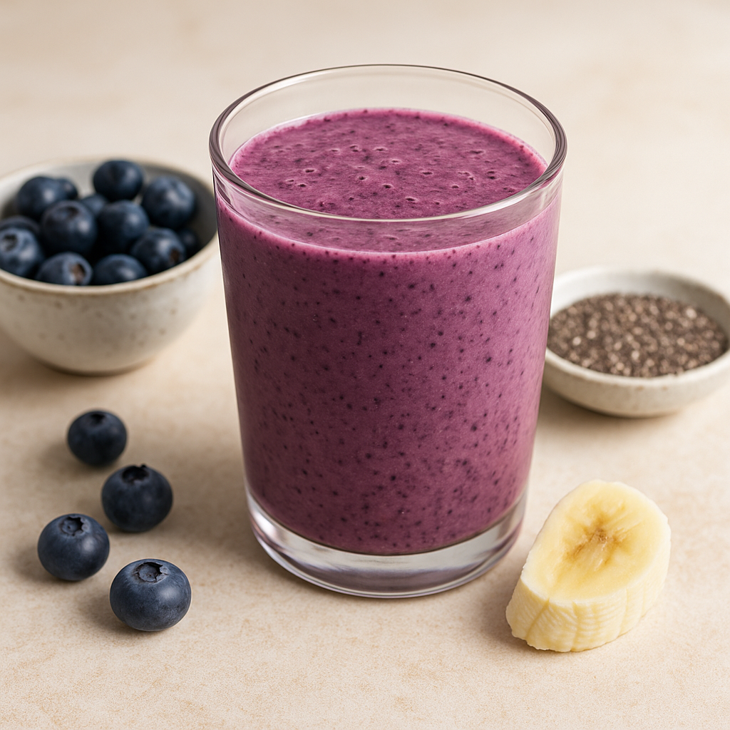 Purple gut health smoothie with blueberries, banana, chia seeds, and Greek yogurt — served in a clear glass for digestion support.