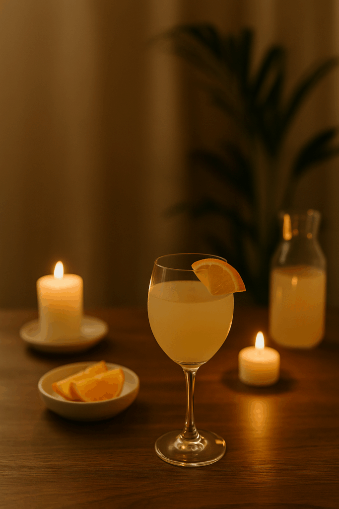 Glass of citrus mocktail with orange slice, surrounded by candles and orange wedges on a wooden table — calming evening scene.