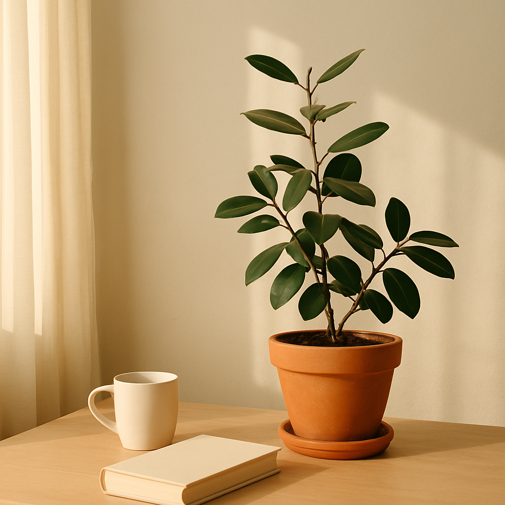 A calm morning setup with a journal, silver pen, a cup of coffee, and a glass vase of white baby's breath on a wooden surface — symbolizing peaceful daily self-care rituals.