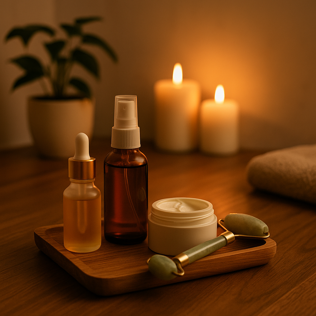 Softly lit natural skincare setup with a jade roller, serum, and mist bottle on a wooden tray, surrounded by candles and a plant — symbolizing a calm evening glow ritual.