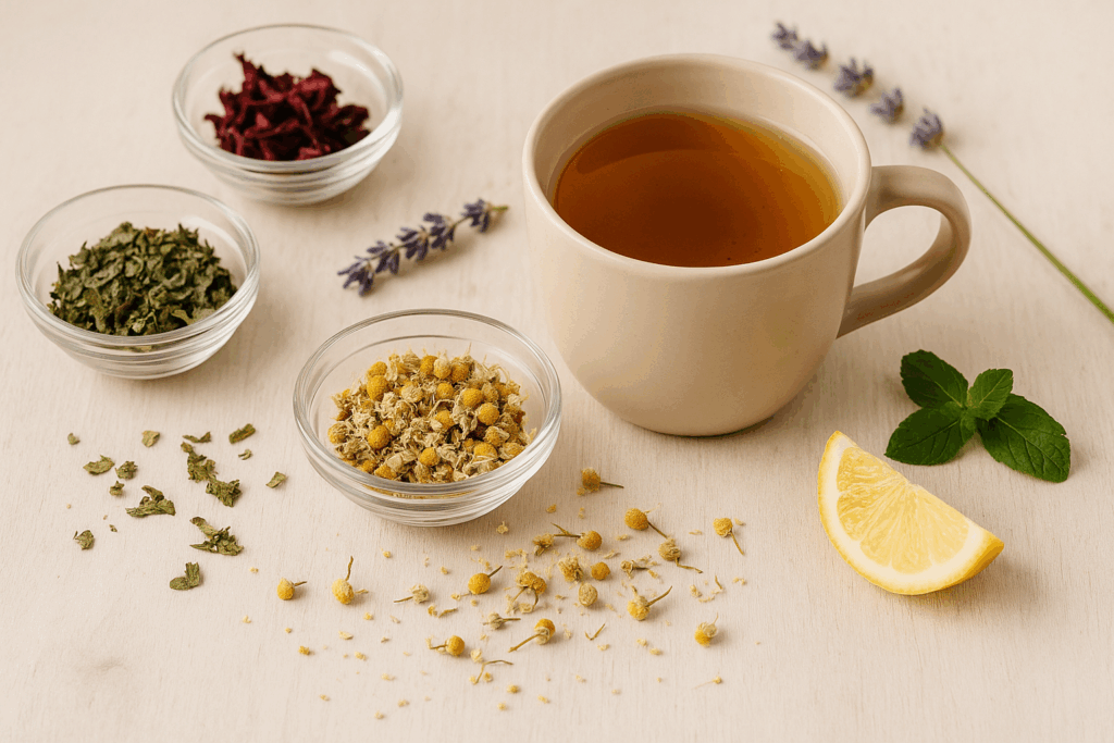 Healing herbal tea scene with chamomile, peppermint, and hibiscus — calm and natural support for digestion, relaxation, and hormonal balance.