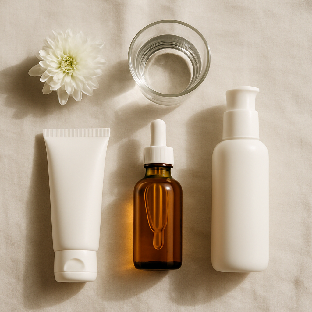 A flatlay of minimalist skincare products on linen — includes a cleanser bottle, facial oil, sunscreen, glass of water, and white daisy in soft natural light.