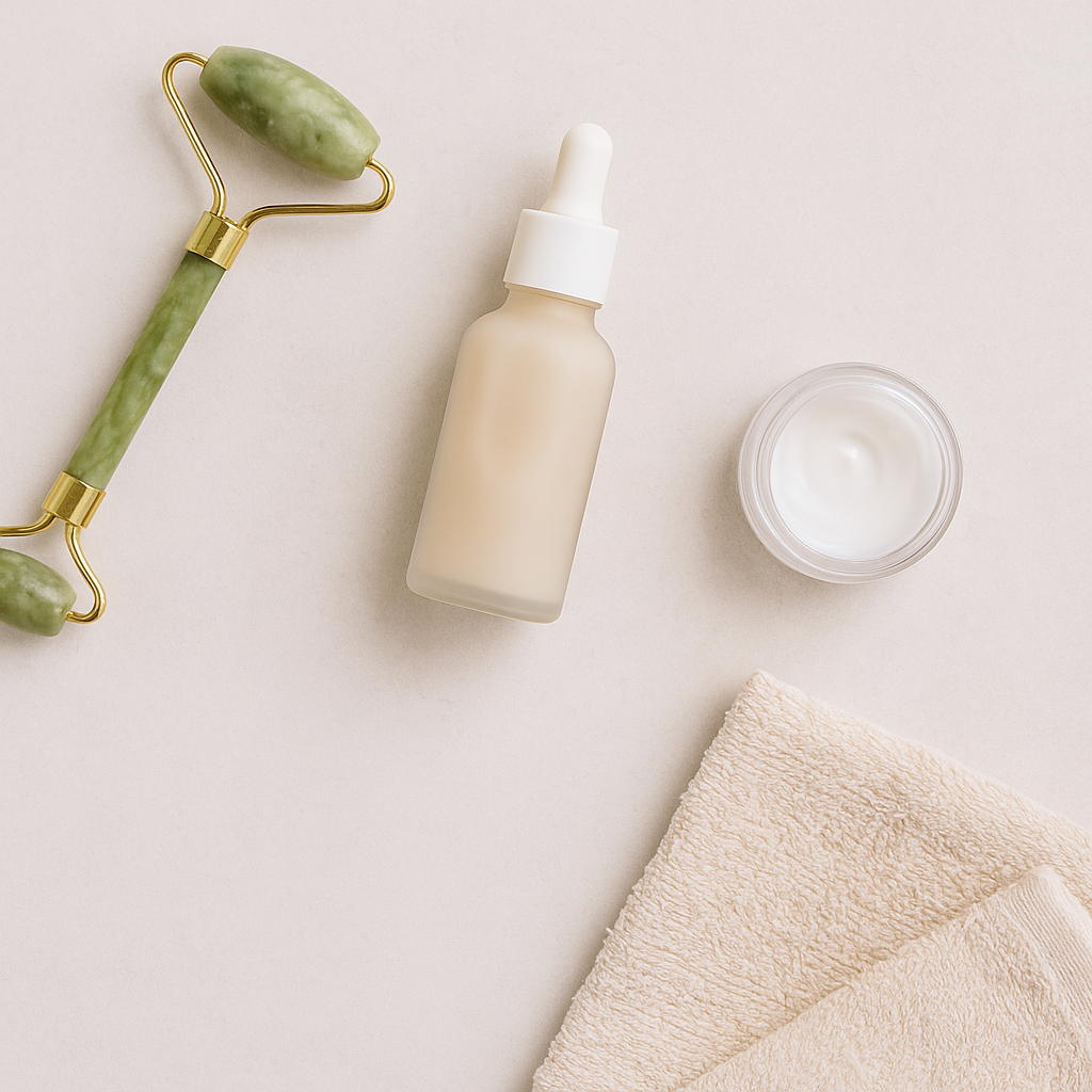 Flat lay of jade roller, serum bottle, and cream jar on a soft neutral background — minimalist skincare routine essentials