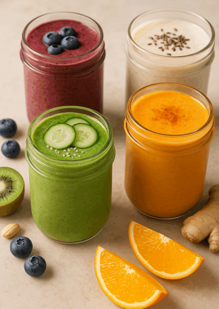 Four colorful gut-healing smoothies in clear jars with fresh fruit and ginger, displayed on a beige marble background to highlight natural ingredients and vibrant health.