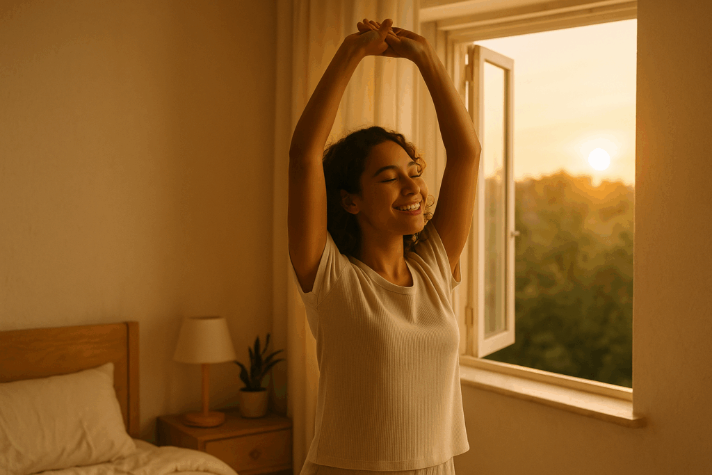 Woman greeting sunrise with a calming stretch, illustrating daily habits 2025 morning ritual