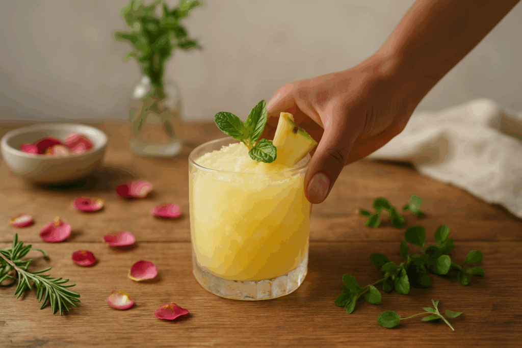 Calming summer mocktail with pineapple, mint, and crushed ice on a rustic wooden table, alcohol-free drink for stress relief
