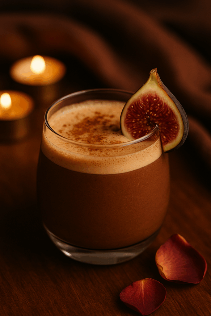 A cozy fig and cacao mocktail in a warm-toned glass, topped with cinnamon and garnished with a fresh fig slice, surrounded by candlelight on a wooden table.