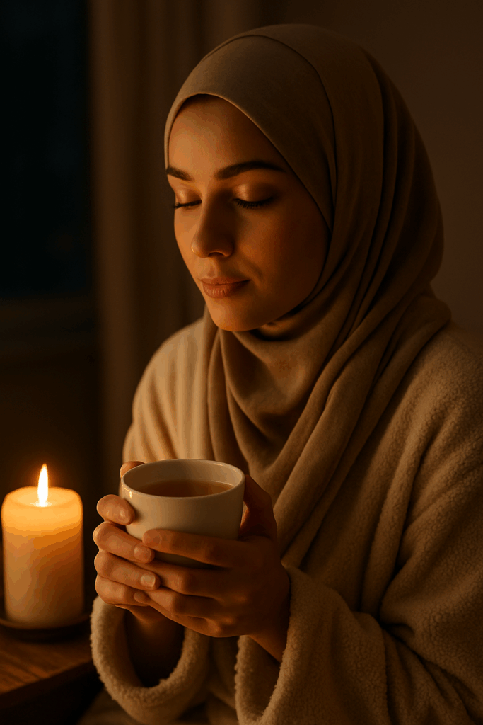 Muslimah with herbal tea at night, candlelit moment of reflection — peaceful Islamic evening routine