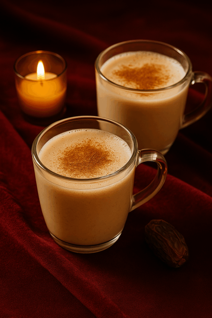 Two creamy cinnamon date mocktails in clear glass mugs, dusted with cinnamon and served on red velvet beside a lit candle and a whole Medjool date — cozy and grounding.
