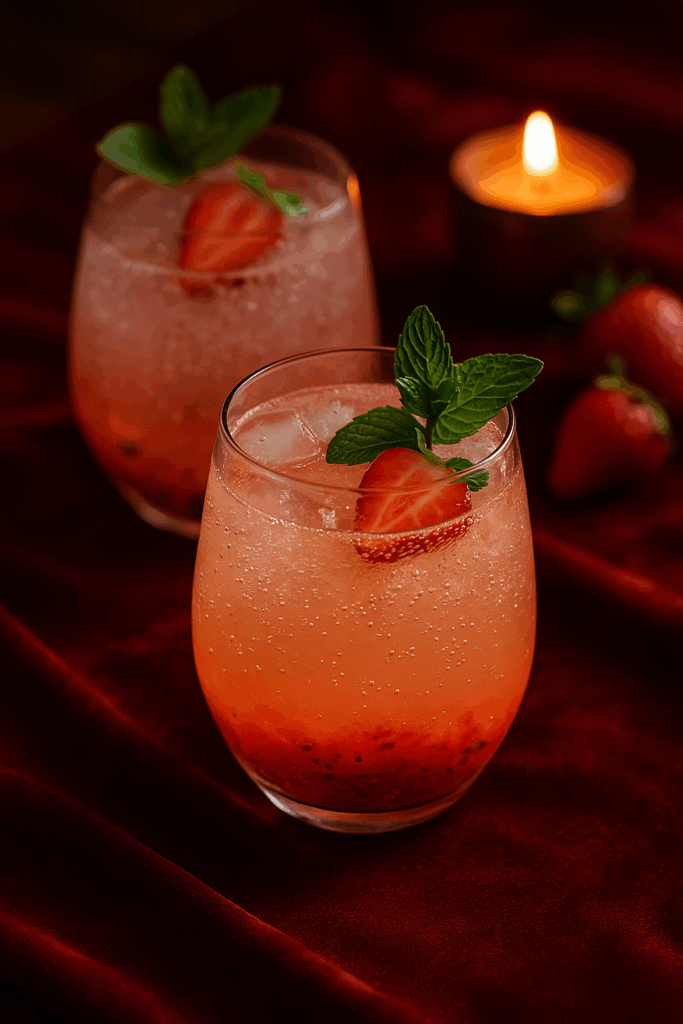 Two sparkling strawberry vanilla mocktails in clear glasses, garnished with mint and strawberry slices, served over ice on red velvet beside a glowing candle.