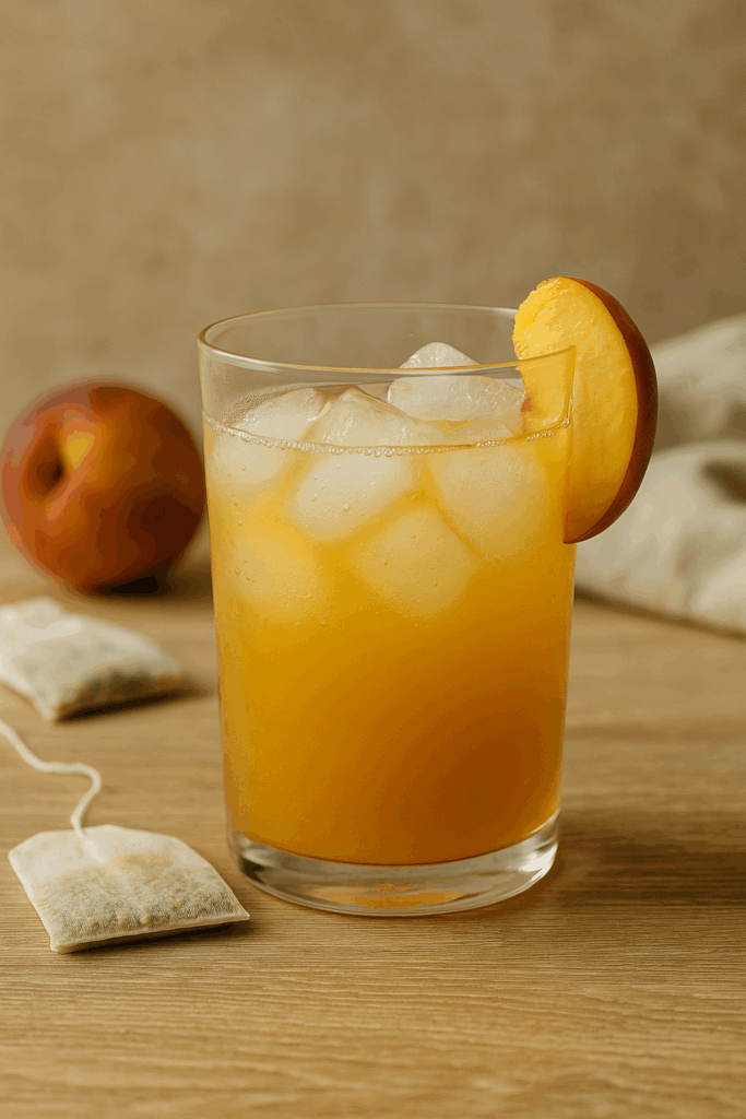 Chamomile Peach Fizz mocktail with peach slice and ice cubes in a clear glass, calming summer drink made with chamomile tea, peach puree, and sparkling water.