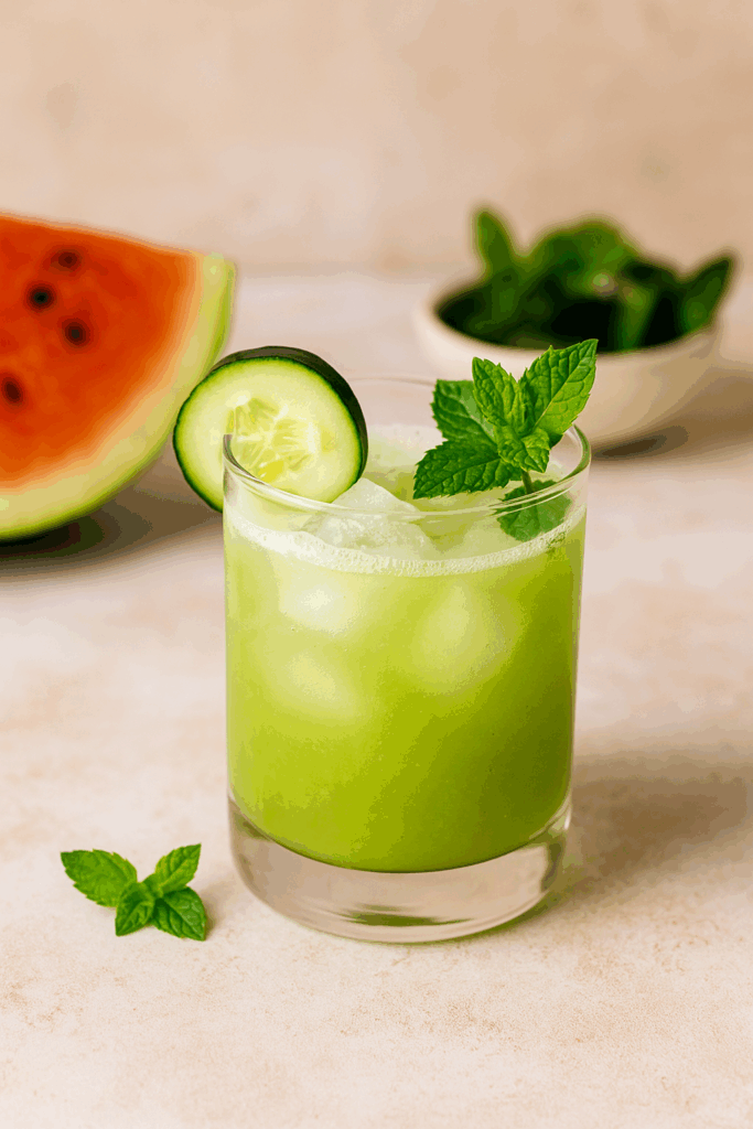 Cucumber melon mocktail in a clear glass with mint leaves and ice cubes, set on a rustic wooden table. A calming summer drink made with watermelon, cucumber, and lime.