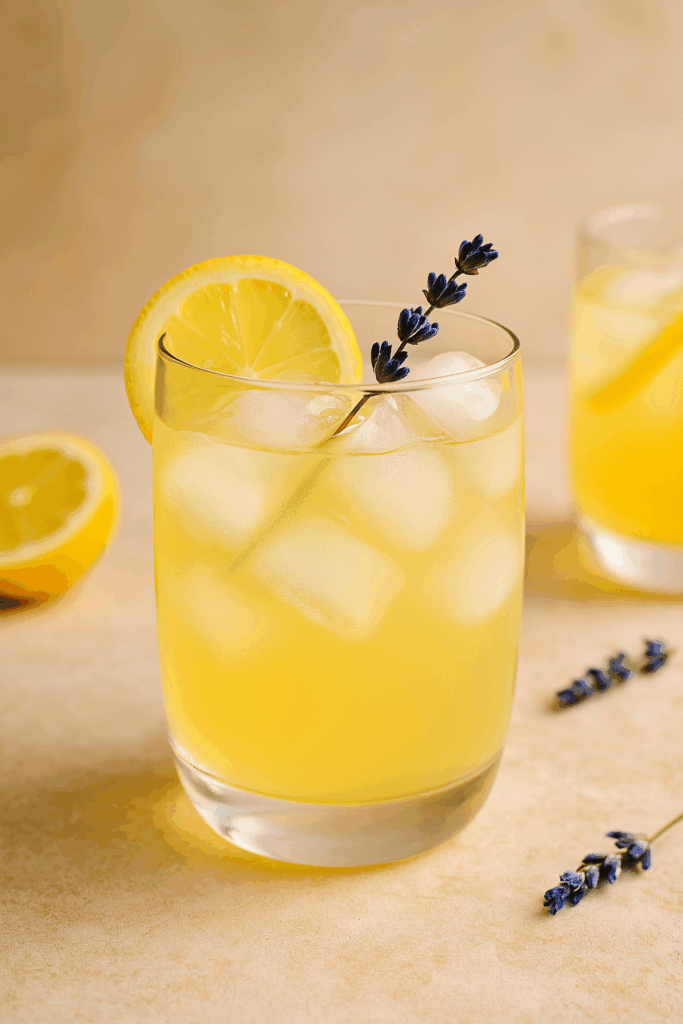 Lemon Lavender Iced Tonic mocktail in a glass with ice cubes, lemon slice, and a sprig of dried lavender. A bittersweet, calming summer drink with brewed lavender tea and sparkling lemon water.