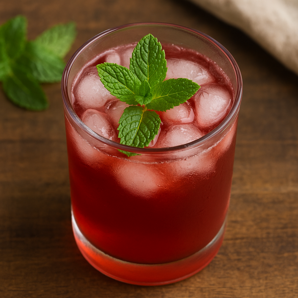 Minted Hibiscus Sparkler mocktail with red tea, mint leaves, and ice in a clear glass, a bright, calming summer drink with coconut water and maple syrup.