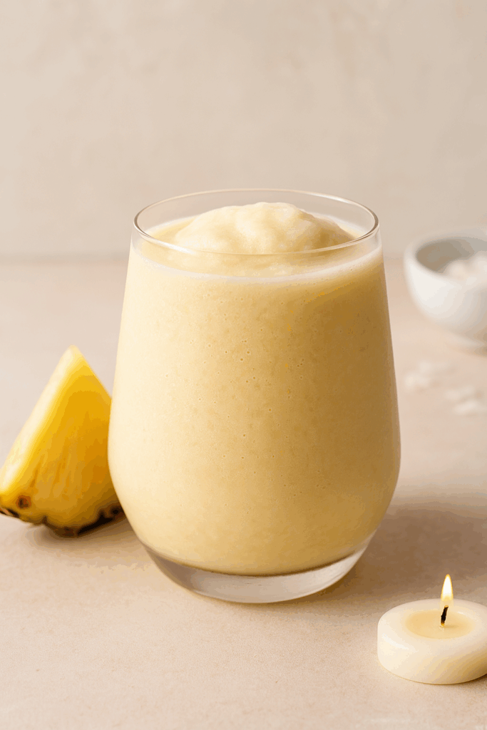 Pineapple Coconut Calm Slush in a chilled glass with smooth texture, pineapple wedge on the side, and a soft candle glowing nearby. A dreamy, calming summer drink with coconut milk and flaxseed.