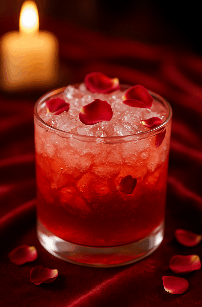 A vibrant rose and pomegranate mocktail in a clear glass, served over crushed ice with rose petals and sparkling water — elegant and heart-opening.