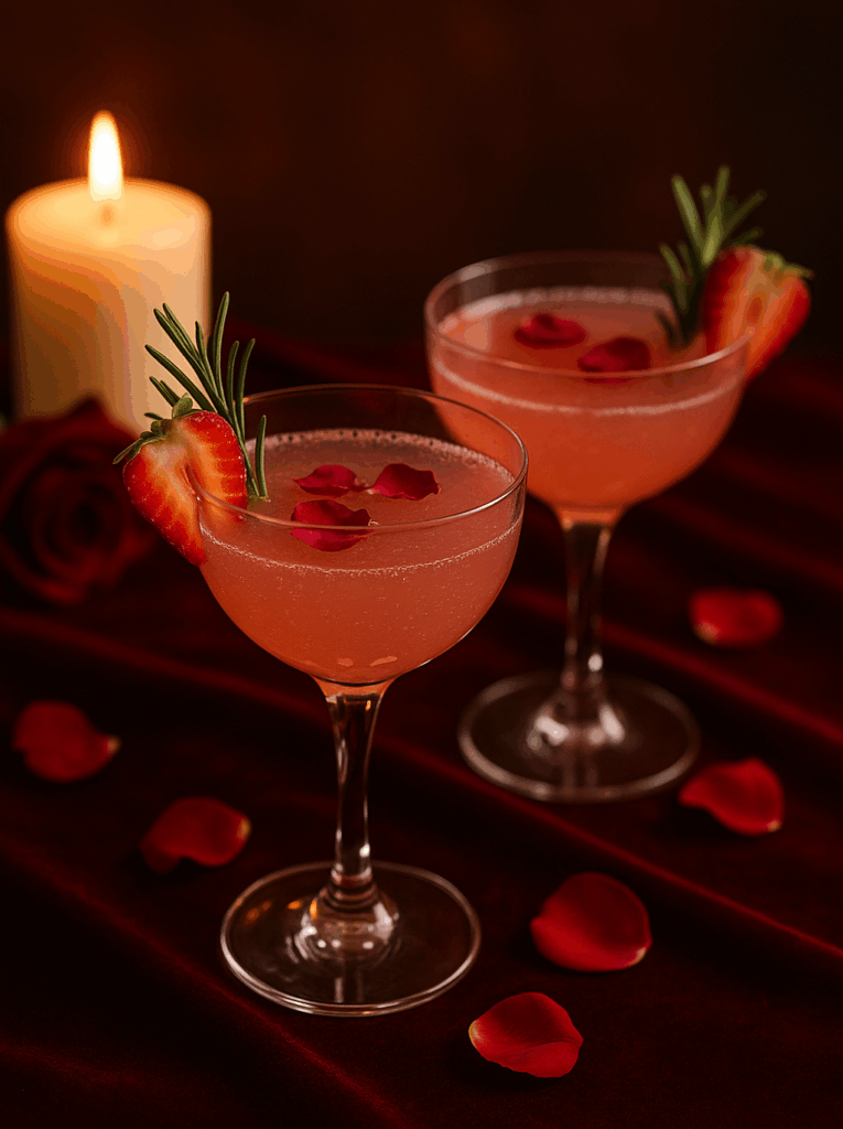 Two romantic mocktails garnished with strawberries and rosemary, set on deep red velvet with rose petals and candlelight — a cozy, intimate drink setting for a romantic night in.