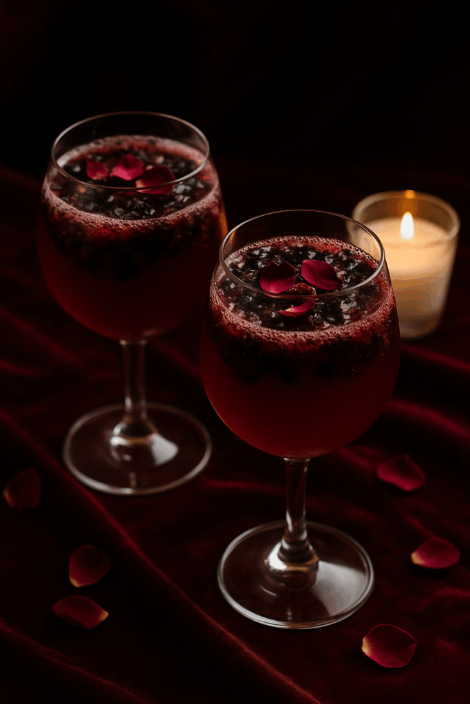 Two sparkling berry rose mocktails in stemmed wine glasses, garnished with crushed berries and rose petals, glowing beside a candle on rich red velvet.