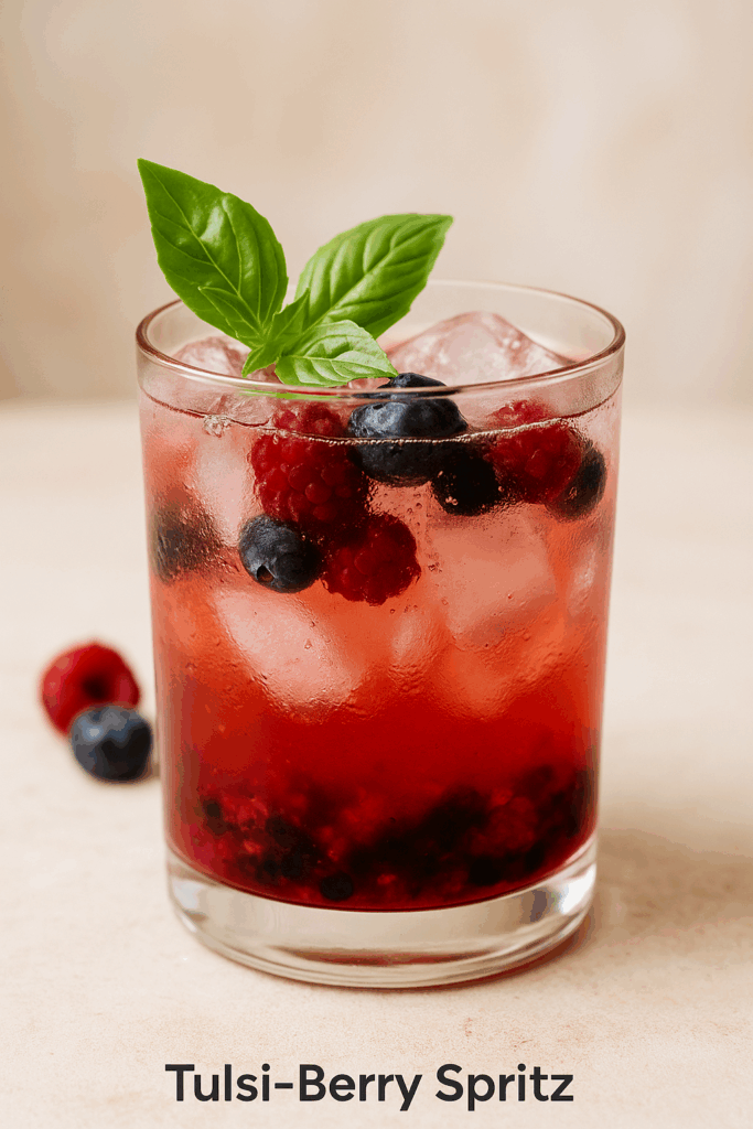 Tulsi-Berry Spritz mocktail in a clear glass with blueberries, raspberries, ice cubes, and a basil leaf garnish. A refreshing and calming summer drink made with tulsi tea and honey.